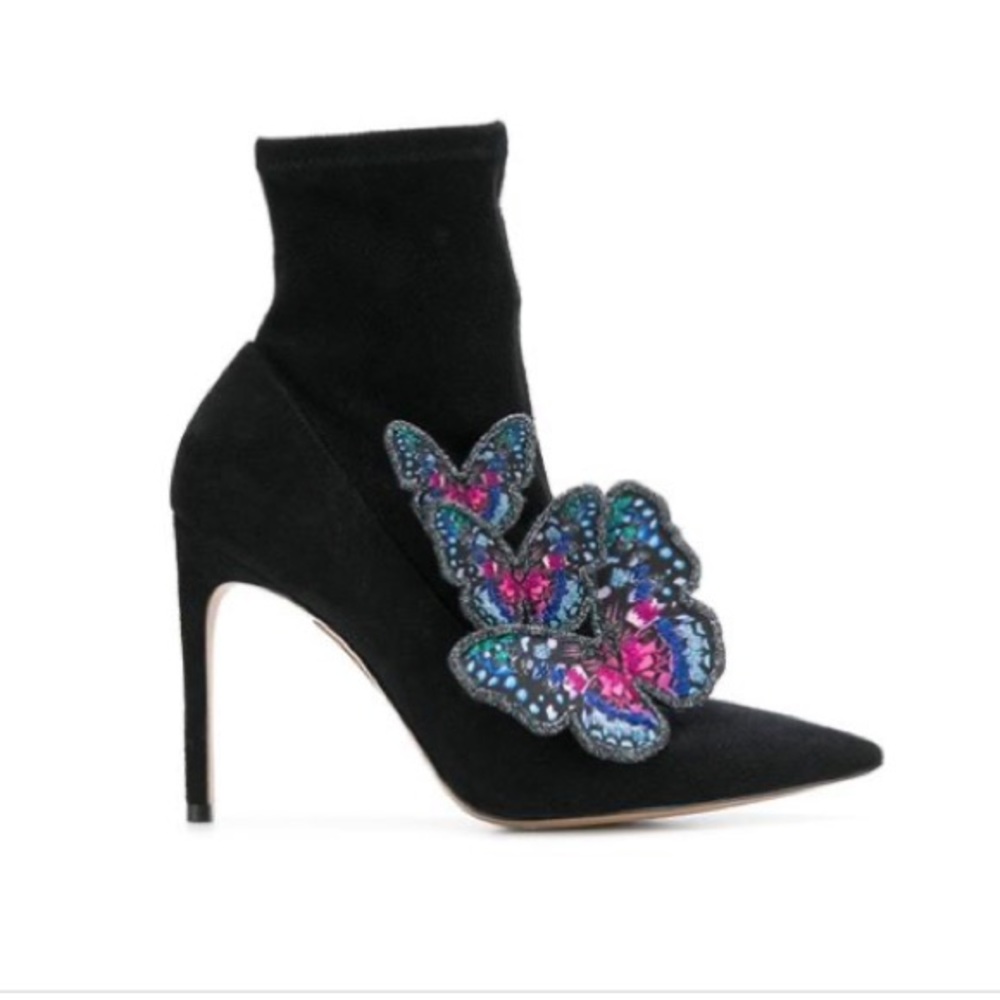 Sophia Webster Black Suede Ankle Boot with Multicolor Butterfly Appliqué